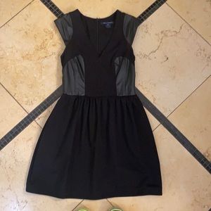 French connection mini dress in black with black faux leather size 4